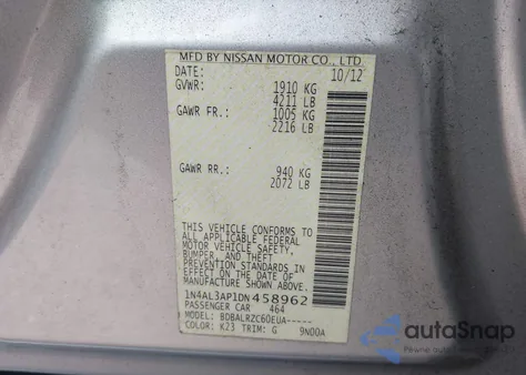 2013 Nissan Altima 2.5 S из США, поврежденный, VIN 1N4AL3AP1DN458962